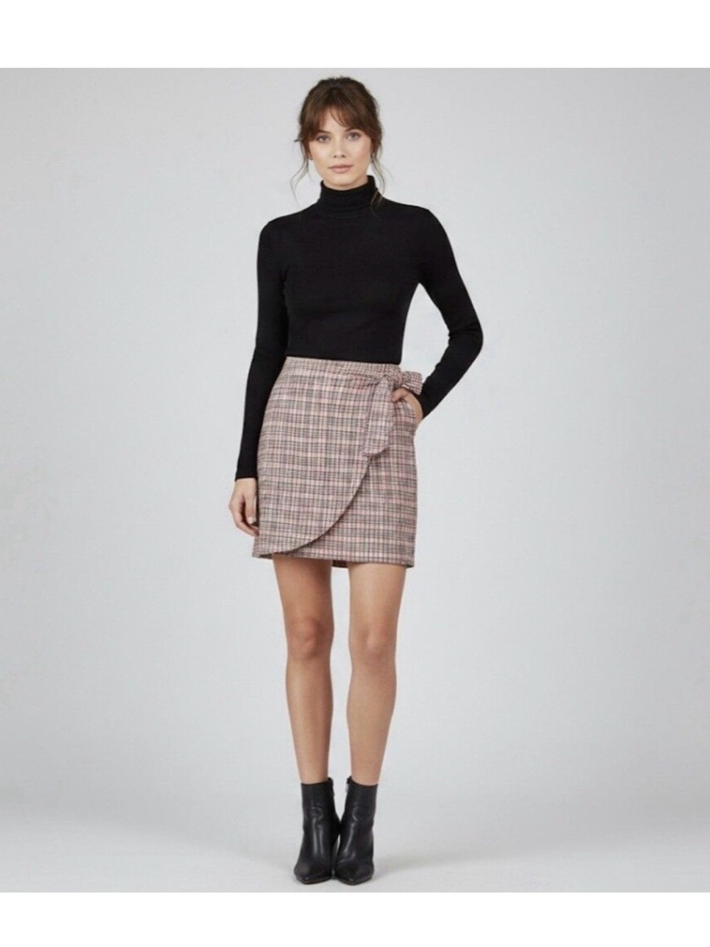 NWT LOFT Plaid Faux Wrap Mini Skirt with Side Tie - Pink Plaid Sz 10